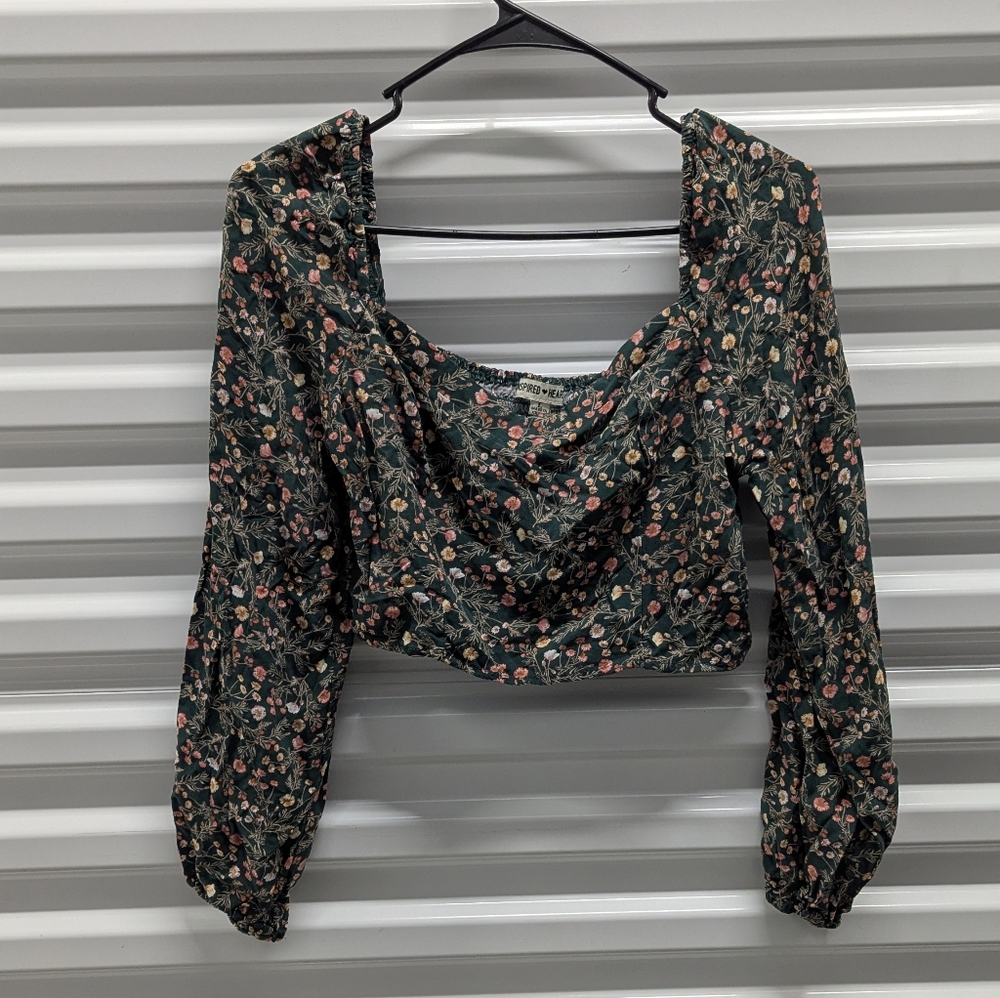 Boho Peasant Floral Long‎ Sleeve Crop Top Inspired Heart Large Vintage Inspired